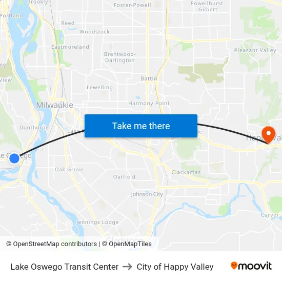 Lake Oswego Transit Center to City of Happy Valley map