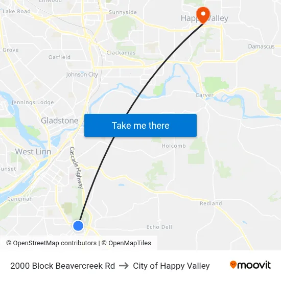 2000 Block Beavercreek Rd to City of Happy Valley map