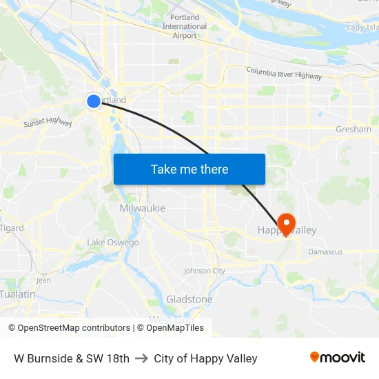 W Burnside & SW 18th to City of Happy Valley map