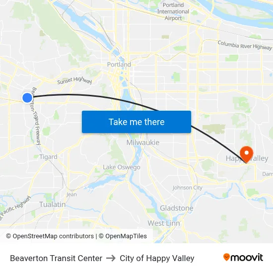 Beaverton Transit Center to City of Happy Valley map