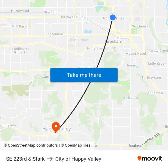 SE 223rd & Stark to City of Happy Valley map