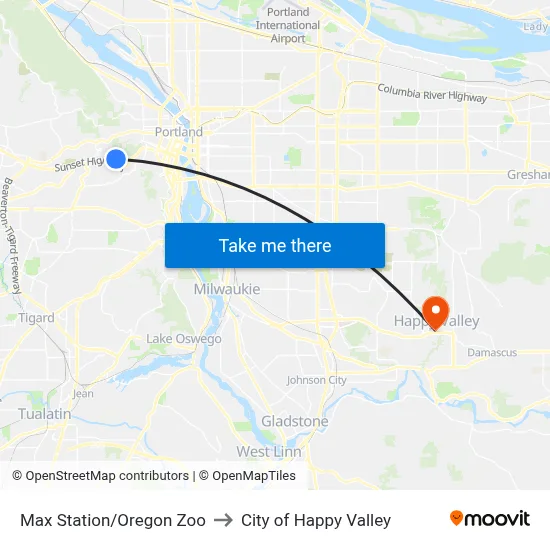 Max Station/Oregon Zoo to City of Happy Valley map