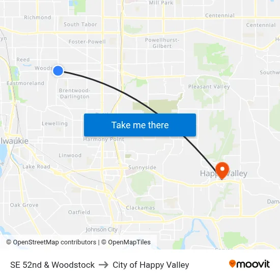 SE 52nd & Woodstock to City of Happy Valley map