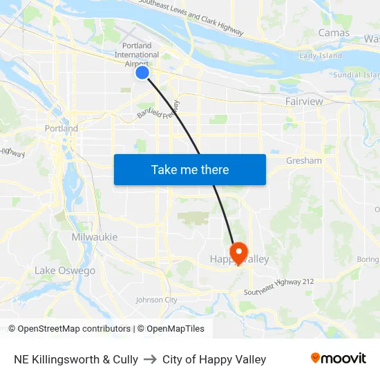 NE Killingsworth & Cully to City of Happy Valley map