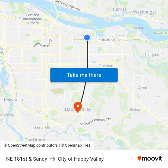 NE 181st & Sandy to City of Happy Valley map