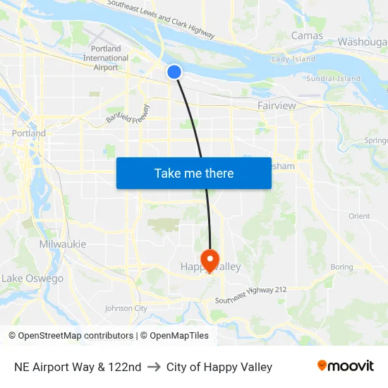 NE Airport Way & 122nd to City of Happy Valley map