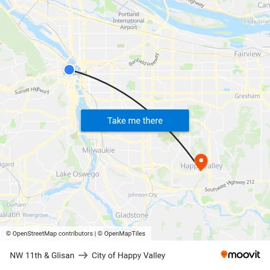 NW 11th & Glisan to City of Happy Valley map