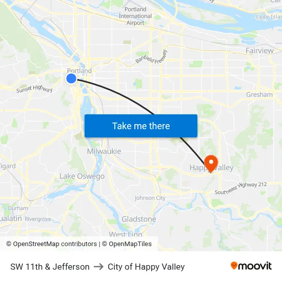 SW 11th & Jefferson to City of Happy Valley map