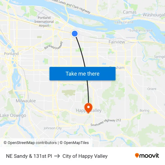 NE Sandy & 131st Pl to City of Happy Valley map