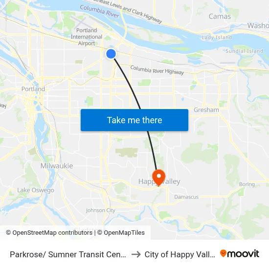 Parkrose/ Sumner Transit Center to City of Happy Valley map