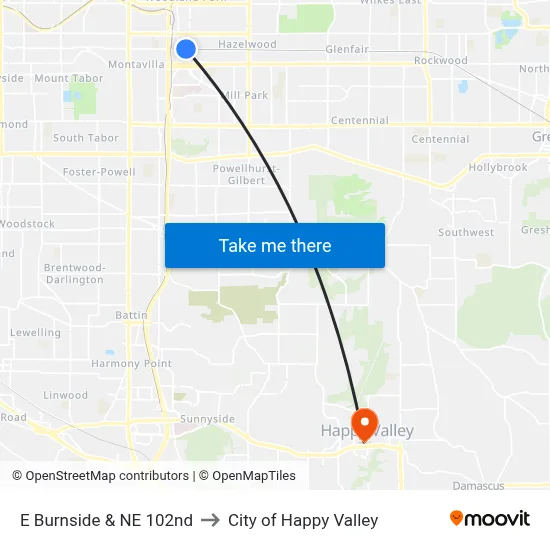 E Burnside & NE 102nd to City of Happy Valley map
