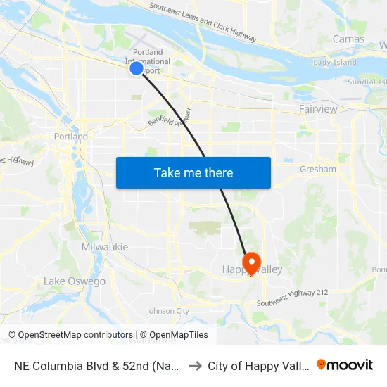 NE Columbia Blvd & 52nd (Naya) to City of Happy Valley map