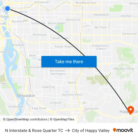 N Interstate & Rose Quarter TC to City of Happy Valley map