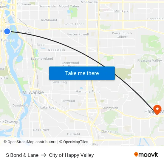 S Bond & Lane to City of Happy Valley map