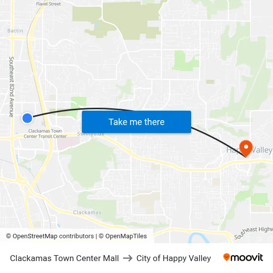 Clackamas Town Center Mall to City of Happy Valley map
