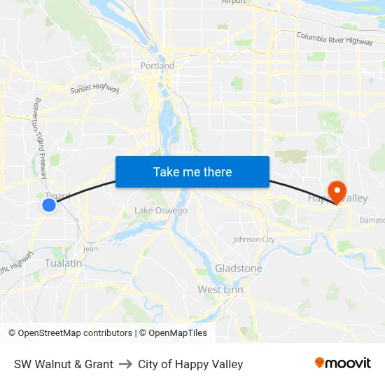 SW Walnut & Grant to City of Happy Valley map