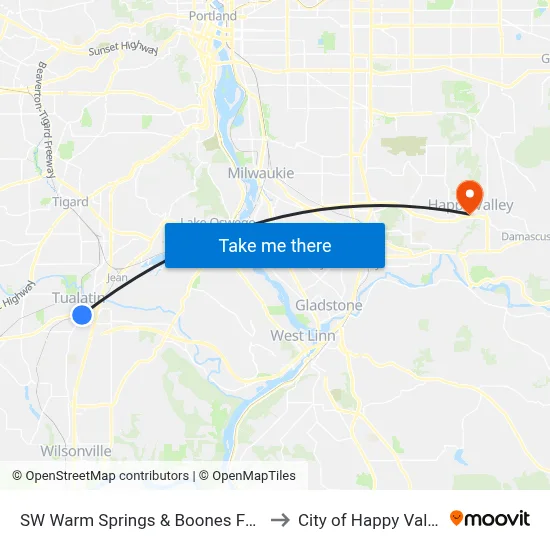 SW Warm Springs & Boones Ferry to City of Happy Valley map