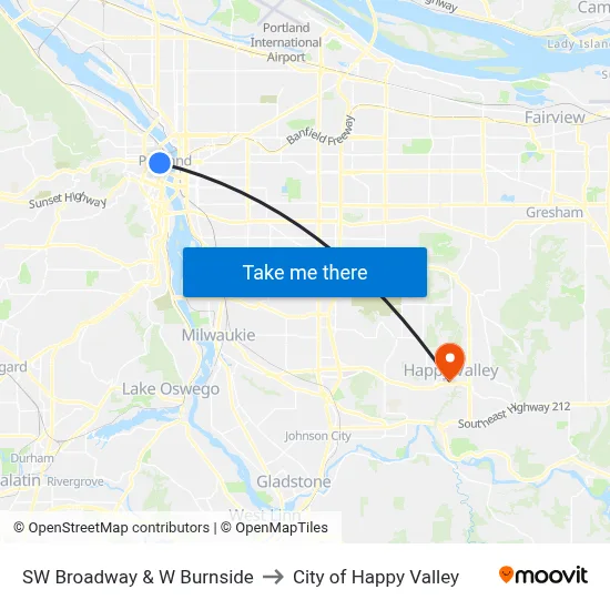 SW Broadway & W Burnside to City of Happy Valley map