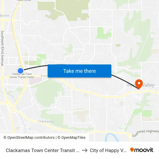 Clackamas Town Center Transit Center to City of Happy Valley map