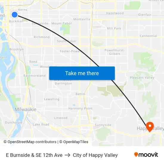 E Burnside & SE 12th Ave to City of Happy Valley map