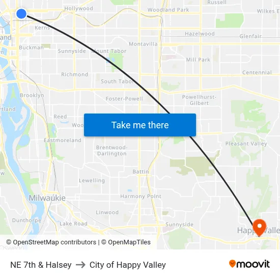 NE 7th & Halsey to City of Happy Valley map