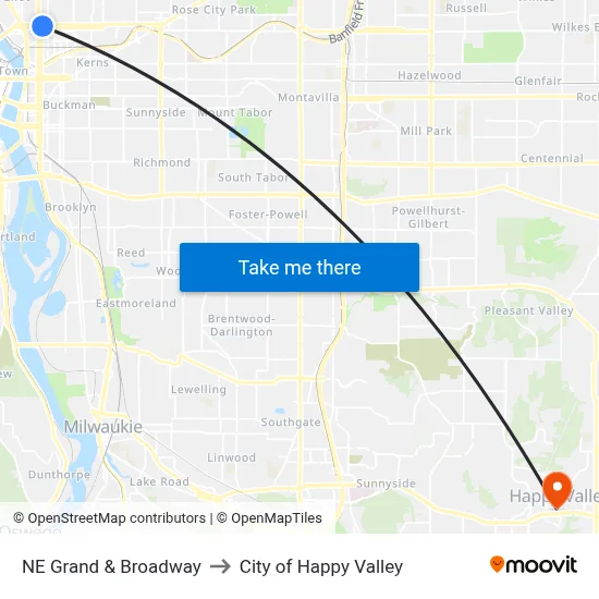 NE Grand & Broadway to City of Happy Valley map