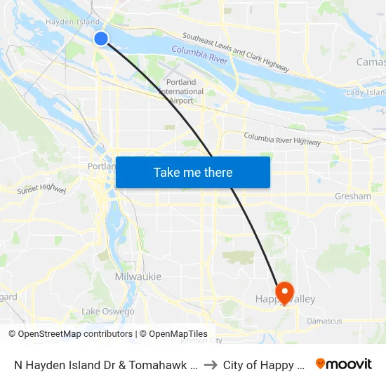 N Hayden Island Dr & Tomahawk Island Dr to City of Happy Valley map