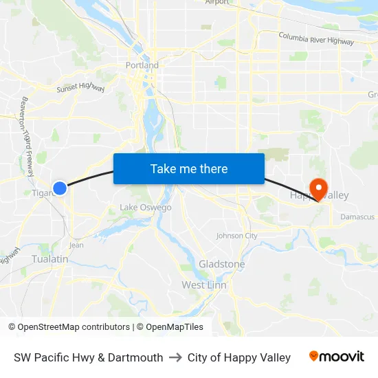 SW Pacific Hwy & Dartmouth to City of Happy Valley map