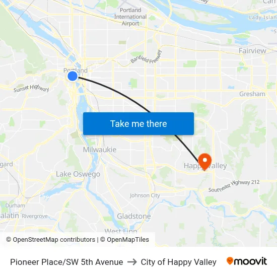 Pioneer Place/SW 5th Avenue to City of Happy Valley map