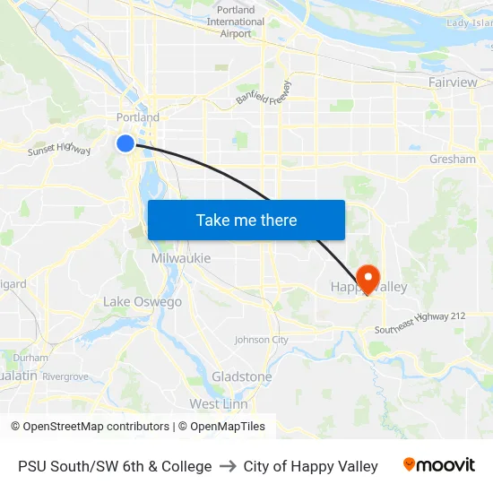 PSU South/SW 6th & College to City of Happy Valley map