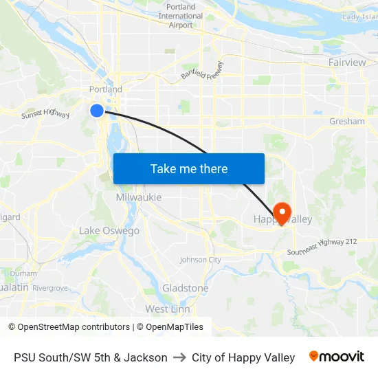 PSU South/SW 5th & Jackson to City of Happy Valley map