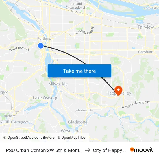 PSU Urban Center/SW 6th & Montgomery St to City of Happy Valley map