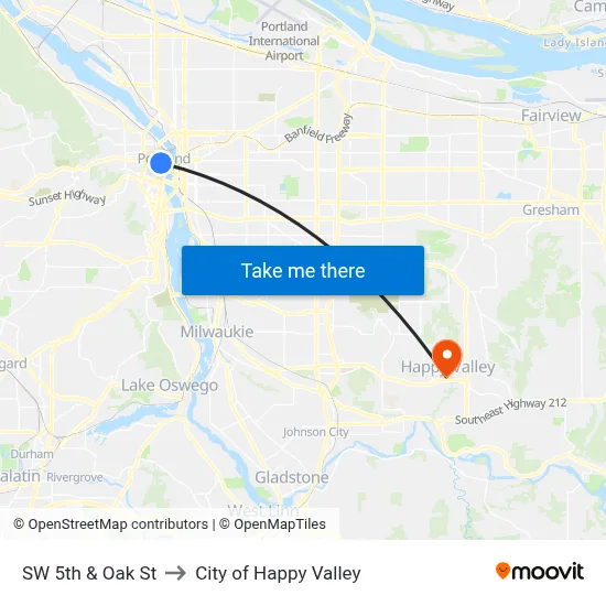SW 5th & Oak St to City of Happy Valley map
