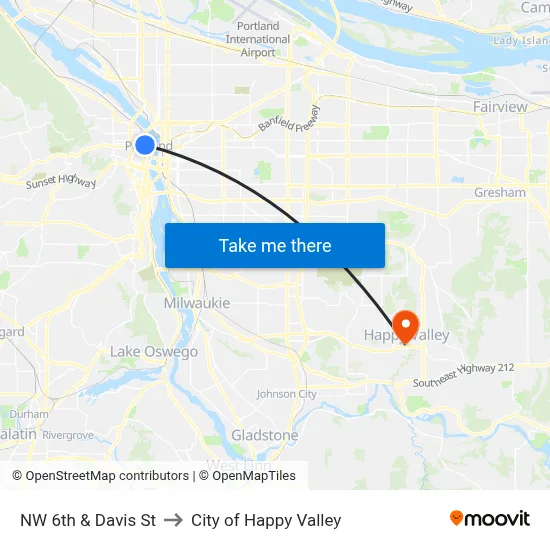NW 6th & Davis St to City of Happy Valley map