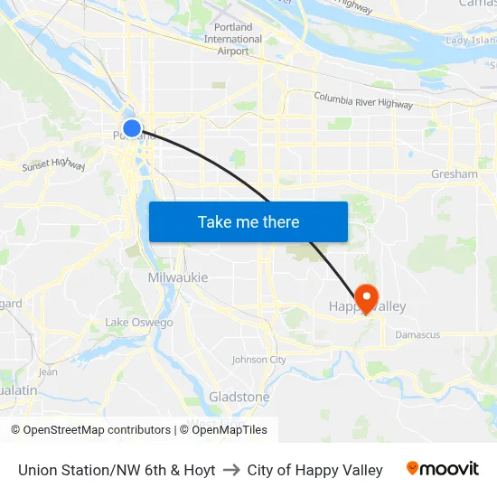 Union Station/NW 6th & Hoyt to City of Happy Valley map