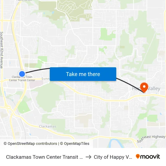 Clackamas Town Center Transit Center to City of Happy Valley map