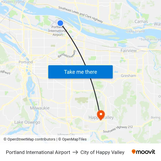 Portland International Airport to City of Happy Valley map