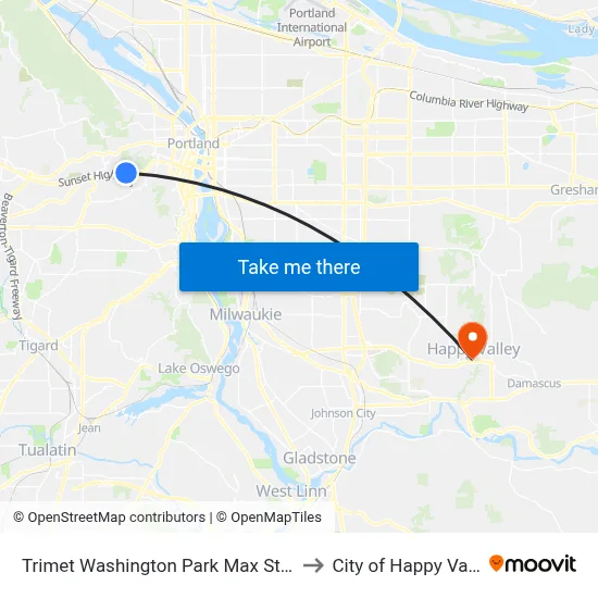 Trimet Washington Park Max Station to City of Happy Valley map