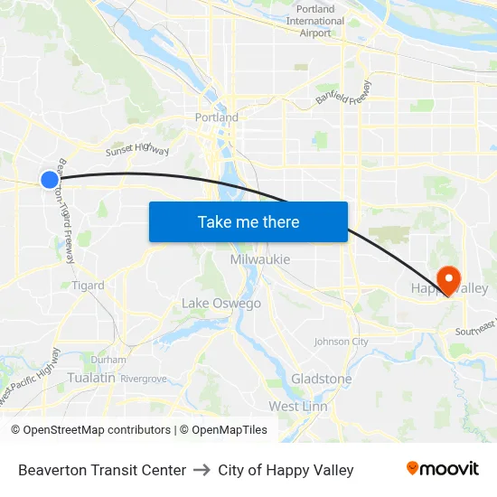 Beaverton Transit Center to City of Happy Valley map