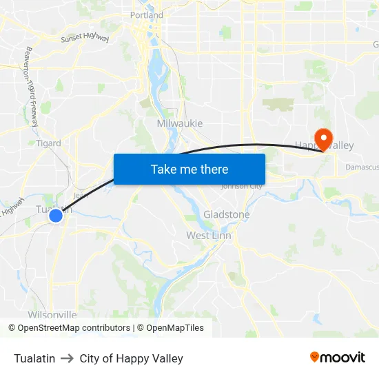Tualatin to City of Happy Valley map