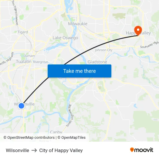 Wilsonville to City of Happy Valley map