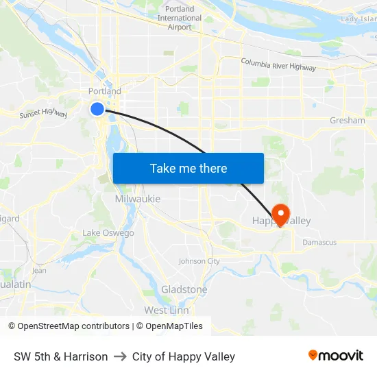 SW 5th & Harrison to City of Happy Valley map