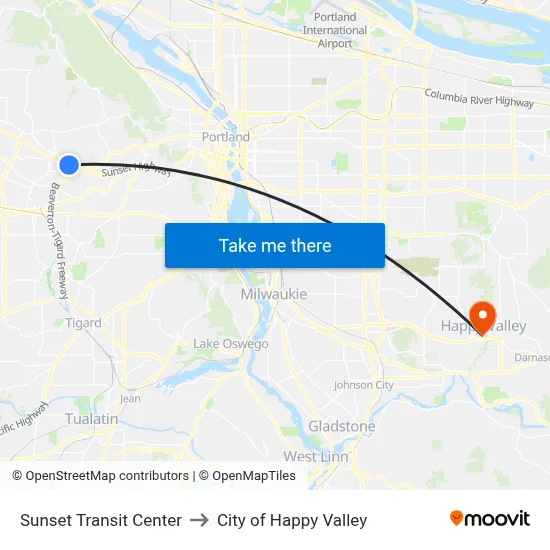 Sunset Transit Center to City of Happy Valley map