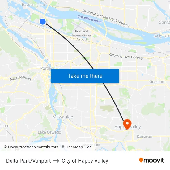 Delta Park/Vanport to City of Happy Valley map