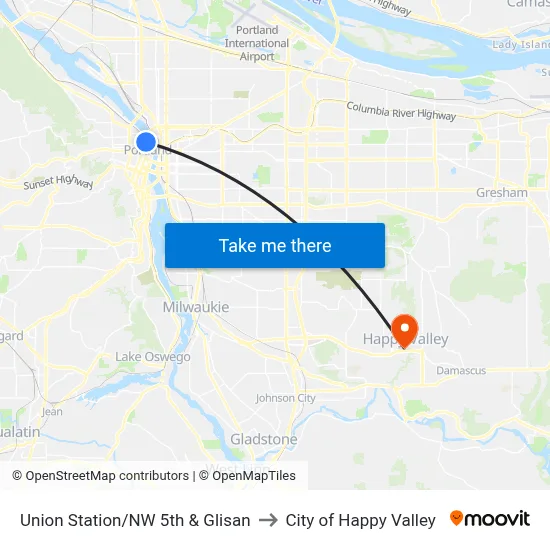 Union Station/NW 5th & Glisan to City of Happy Valley map