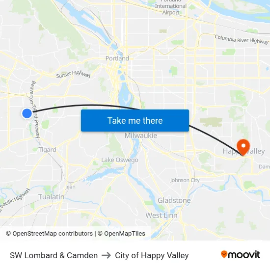 SW Lombard & Camden to City of Happy Valley map