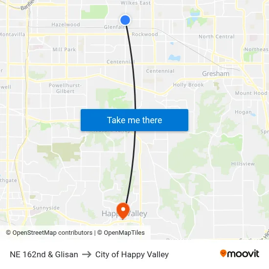 NE 162nd & Glisan to City of Happy Valley map