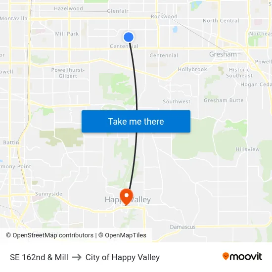SE 162nd & Mill to City of Happy Valley map