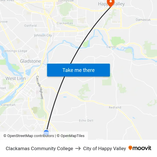 Clackamas Community College to City of Happy Valley map