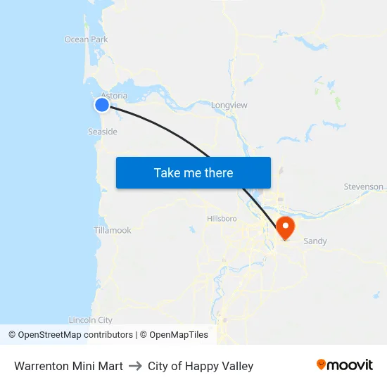 Warrenton Mini Mart to City of Happy Valley map